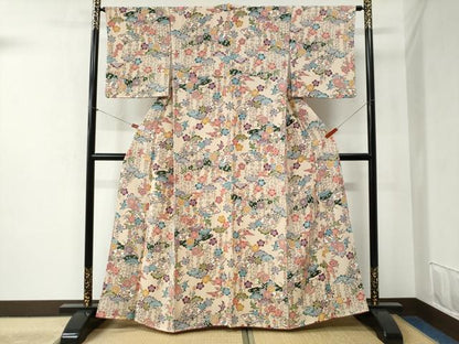 平和屋着物●上質な小紋 型染め 扇面松梅花鳥文 正絹 逸品 CABB4363yc