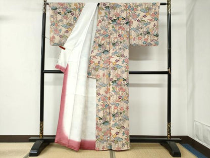 平和屋着物●上質な小紋 型染め 扇面松梅花鳥文 正絹 逸品 CABB4363yc
