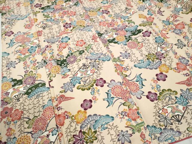 平和屋着物●上質な小紋 型染め 扇面松梅花鳥文 正絹 逸品 CABB4363yc