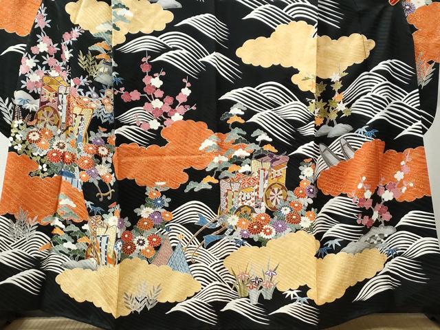 平和屋着物●豪華振袖 駒刺繍 雲取り御所車籬草花文 黒地 金彩 正絹 逸品 CABB4369yc