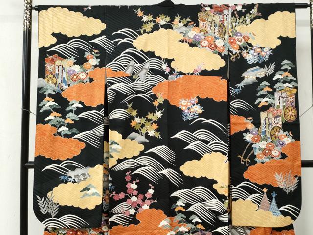 平和屋着物●豪華振袖 駒刺繍 雲取り御所車籬草花文 黒地 金彩 正絹 逸品 CABB4369yc