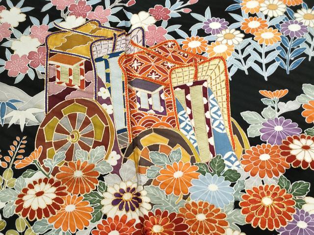 平和屋着物●豪華振袖 駒刺繍 雲取り御所車籬草花文 黒地 金彩 正絹 逸品 CABB4369yc