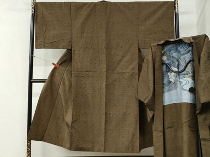 平和屋着物●男性　髭紬　アンサンブル　色無地　涅色　正絹　逸品　CABB4371yc