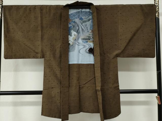 平和屋着物●男性　髭紬　アンサンブル　色無地　涅色　正絹　逸品　CABB4371yc 平和屋着物○男性 髭紬 アンサンブル 色無地 涅色 正絹 逸品 CABB4371yc