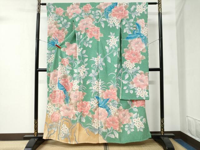 平和屋着物●名門　藤娘きぬたや・総絞り　振袖　尾長鳥牡丹花文　仮絵羽　逸品　未使用　CABB4374yc