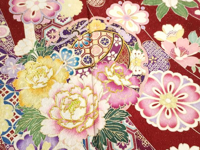 平和屋着物●豪華振袖・長襦袢セット 駒刺繍 鬘帯雪輪吉祥舞花文 金通し地 半衿刺繍 正絹 逸品 CABB4377yc