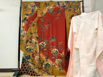 平和屋着物●豪華振袖・長襦袢セット　型染め　籬花蝶文　暈し染め　正絹　逸品　CABB4381yc