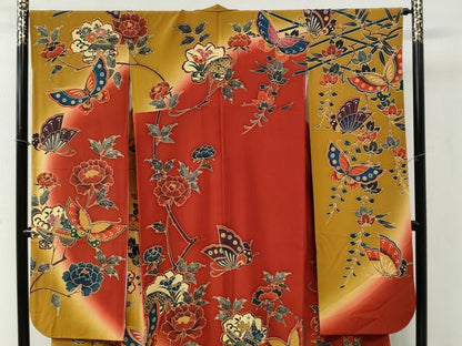平和屋着物●豪華振袖・長襦袢セット　型染め　籬花蝶文　暈し染め　正絹　逸品　CABB4381yc