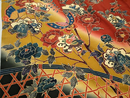 平和屋着物●豪華振袖・長襦袢セット　型染め　籬花蝶文　暈し染め　正絹　逸品　CABB4381yc