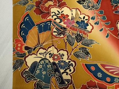 平和屋着物●豪華振袖・長襦袢セット　型染め　籬花蝶文　暈し染め　正絹　逸品　CABB4381yc