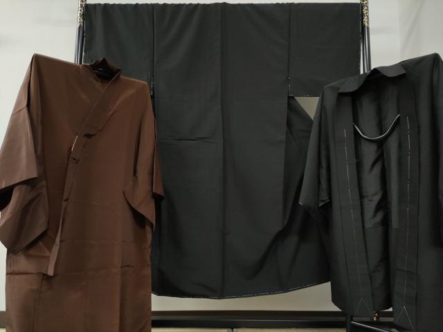 平和屋着物●男性　色無地　アンサンブル・長襦袢セット　着物・羽織：黒地　長襦袢：焦茶色　洗える着物　未使用　CABB4388yc
