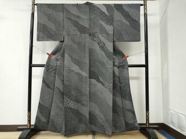 平和屋着物●江戸小紋 寄せ小紋柄 黒地 正絹 逸品 CABB4402yc