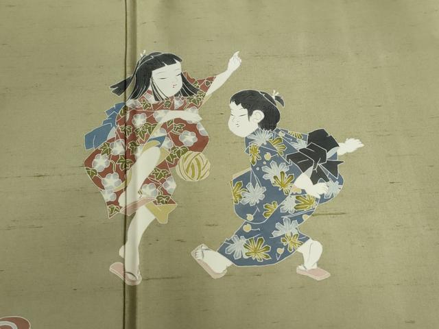 平和屋着物●訪問着 紬地 作家物 玩具 童子遊び 正絹 逸品 CABB4404yc