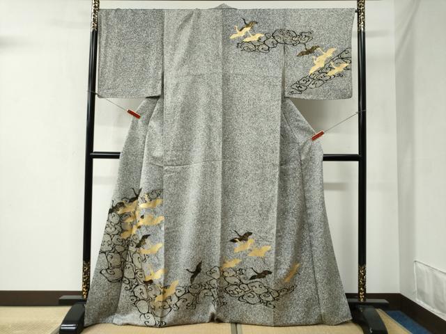 平和屋着物●訪問着 流水飛鶴文 たたき染め 黒地 金彩 ロング丈 正絹 逸品 CABB4405yc