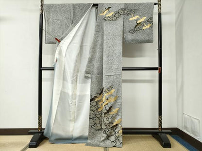 平和屋着物●訪問着 流水飛鶴文 たたき染め 黒地 金彩 ロング丈 正絹 逸品 CABB4405yc