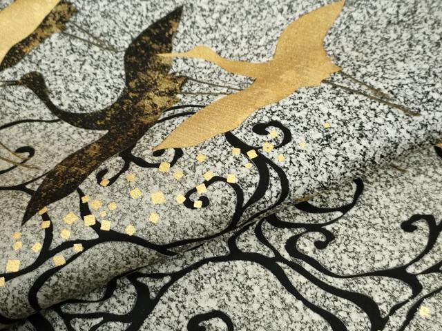 平和屋着物●訪問着 流水飛鶴文 たたき染め 黒地 金彩 ロング丈 正絹 逸品 CABB4405yc