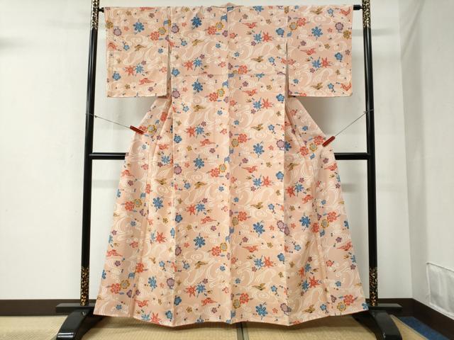 平和屋着物●上質な小紋 竜田川花鳥文 鬼しぼ縮緬 正絹 逸品 未使用 CABB4406yc