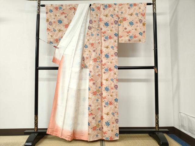平和屋着物●上質な小紋 竜田川花鳥文 鬼しぼ縮緬 正絹 逸品 未使用 CABB4406yc
