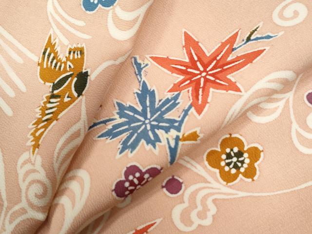 平和屋着物●上質な小紋 竜田川花鳥文 鬼しぼ縮緬 正絹 逸品 未使用 CABB4406yc