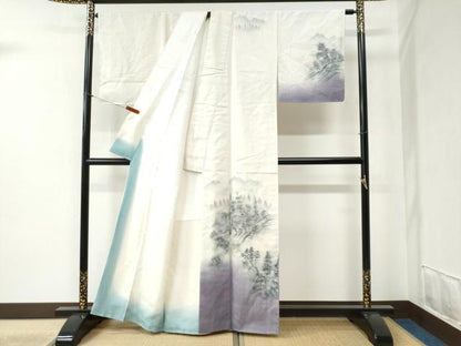 平和屋着物●訪問着 紬地 手描き 樹林風景文 正絹 逸品 未使用 CABB4427yc