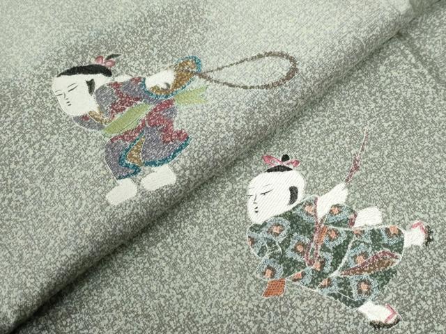 平和屋着物●訪問着　本場染大島紬　総刺繍　童子　正絹　逸品　CABB4435yc