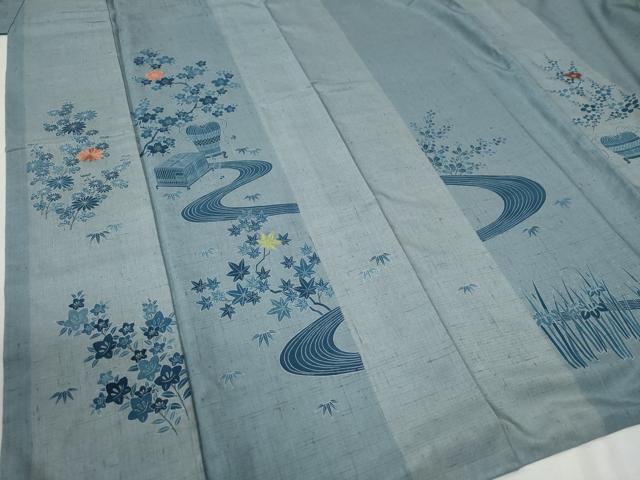 平和屋着物●人間国宝　五代　田畑喜八　訪問着　紬地　刺繍　竜田川文箱花文　正絹　逸品　CABB4442yc