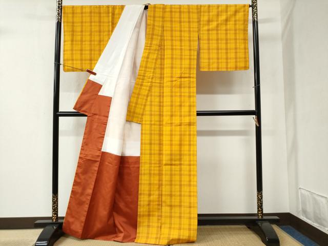 平和屋着物●黄八丈　格子　正絹　逸品　CABB4445yc 平和屋着物○黄八丈 格子 正絹 逸品 CABB4445yc