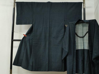平和屋着物●男性　紬　アンサンブル　色無地　濃紺地　正絹　逸品　CABB4451yc