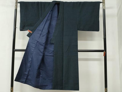 平和屋着物●男性　紬　アンサンブル　色無地　濃紺地　正絹　逸品　CABB4451yc