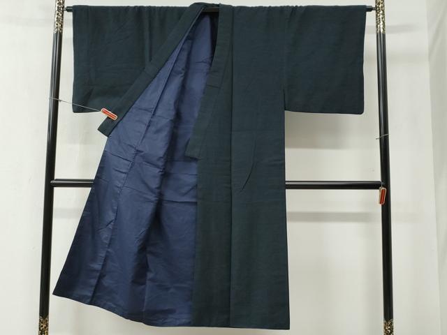 平和屋着物●男性　紬　アンサンブル　色無地　濃紺地　正絹　逸品　CABB4451yc
