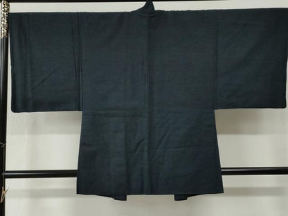 平和屋着物●男性　紬　アンサンブル　色無地　濃紺地　正絹　逸品　CABB4451yc