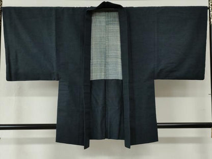 平和屋着物●男性　紬　アンサンブル　色無地　濃紺地　正絹　逸品　CABB4451yc