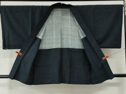 平和屋着物●男性　紬　アンサンブル　色無地　濃紺地　正絹　逸品　CABB4451yc