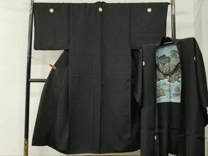 平和屋着物●男性　黒紋付　羽織セット　羽裏：浜松文　正絹　逸品　CABB4472yc