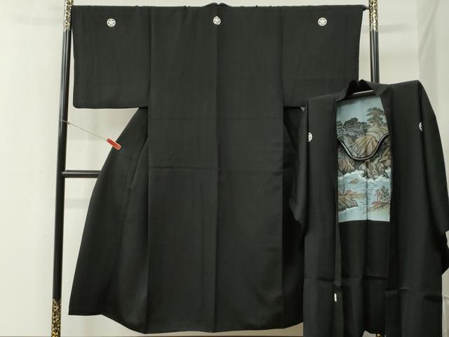 平和屋着物●男性　黒紋付　羽織セット　羽裏：浜松文　正絹　逸品　CABB4472yc