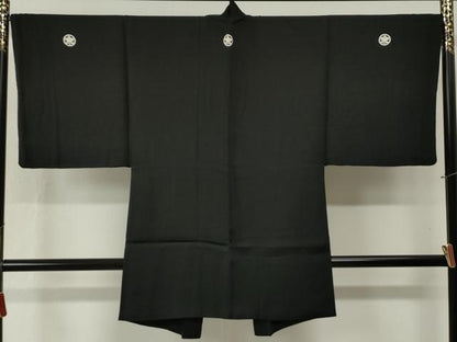 平和屋着物●男性　黒紋付　羽織セット　羽裏：浜松文　正絹　逸品　CABB4472yc