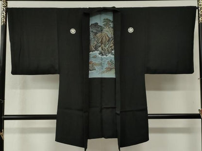 平和屋着物●男性　黒紋付　羽織セット　羽裏：浜松文　正絹　逸品　CABB4472yc