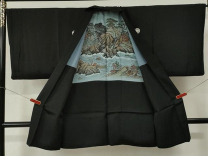 平和屋着物●男性　黒紋付　羽織セット　羽裏：浜松文　正絹　逸品　CABB4472yc