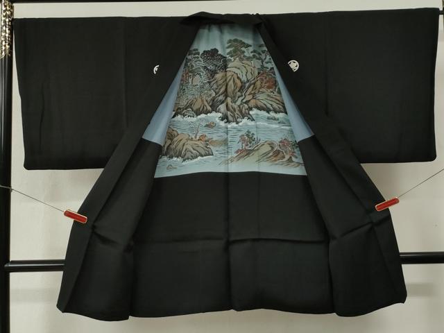 平和屋着物●男性　黒紋付　羽織セット　羽裏：浜松文　正絹　逸品　CABB4472yc