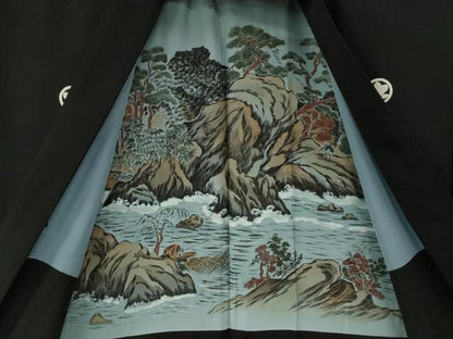 平和屋着物●男性　黒紋付　羽織セット　羽裏：浜松文　正絹　逸品　CABB4472yc