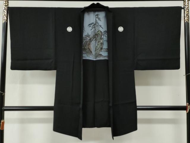 平和屋着物●男性　黒紋付　羽織セット　作家物　羽裏：風景文　正絹　逸品　CABB4476yc