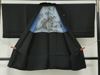 平和屋着物●男性　黒紋付　羽織セット　作家物　羽裏：風景文　正絹　逸品　CABB4476yc