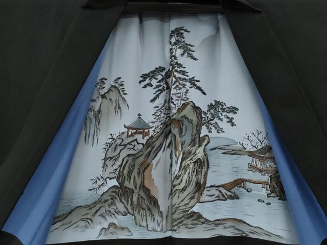平和屋着物●男性　黒紋付　羽織セット　作家物　羽裏：風景文　正絹　逸品　CABB4476yc