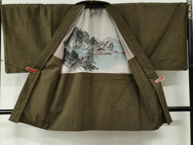 平和屋着物●男性　紬　アンサンブル・長襦袢セット　色無地　朽葉色　羽織：涅色　キングサイズ　正絹　逸品　未使用　CABB4477yc