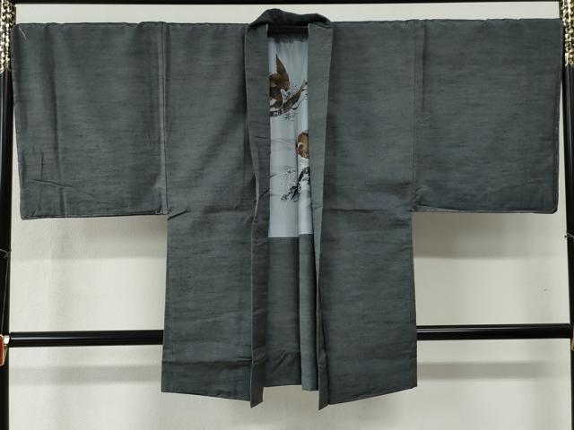 平和屋着物●男性　紬　アンサンブル　色無地　灰色　キングサイズ　正絹　逸品　未使用　CABB4483yc