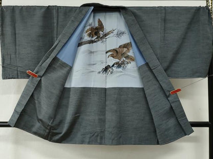 平和屋着物●男性　紬　アンサンブル　色無地　灰色　キングサイズ　正絹　逸品　未使用　CABB4483yc