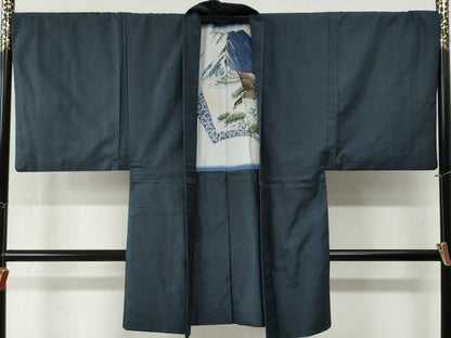 平和屋着物●男性　紬　アンサンブル　蚊絣　羽裏：一富士二鷹三茄子　正絹　逸品　CABB4484yc