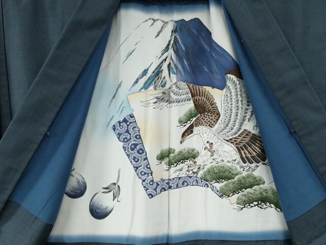 平和屋着物●男性　紬　アンサンブル　蚊絣　羽裏：一富士二鷹三茄子　正絹　逸品　CABB4484yc
