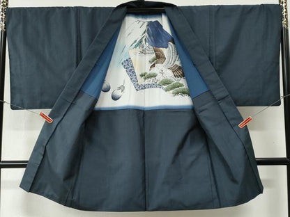 平和屋着物●男性　紬　アンサンブル　蚊絣　羽裏：一富士二鷹三茄子　正絹　逸品　CABB4484yc