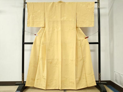 平和屋着物●上質な色無地　雲取り御所車人物地紋　花葉色　正絹　逸品　未使用　CABB4492yc